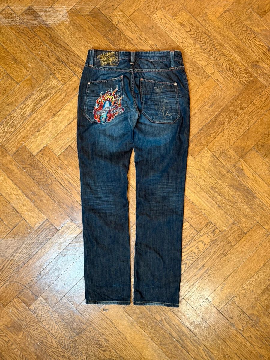 Christian Audigier selvedged embroidered jeans