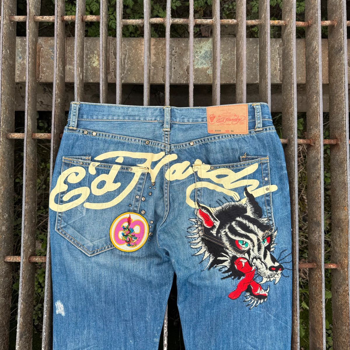 Ed Hardy patched punk embroidered jeans y2k — 2